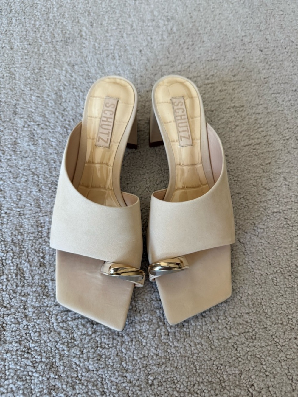 Schutz Women's Cream Block Heel Mule with Metal Accent